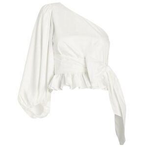 SHONA JOY | Revolve Grant One Shoulder Blouse Balloon Sleeve Ruffle Hem Wht Sz 4